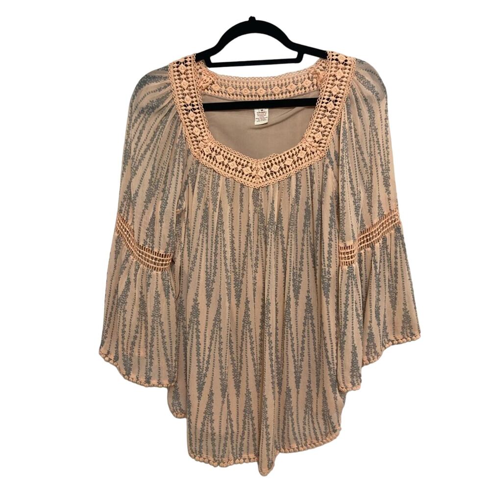 Sundance Boho Long Flowy Embroidered Blouse in Peach and Gray - Size M